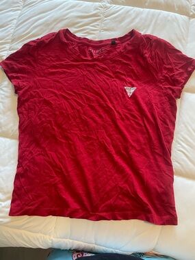 GUESS Red Short Sleeve Logo Tee with Triangle Crest